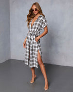 Janai Plaid Waist Tie Midi Shirt Dress