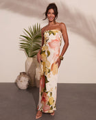 Summer Reverie Strapless Floral Satin Maxi Dress
