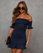 Navy % Some Like It Hot Smocked Off The Shoulder Mini Dress-1