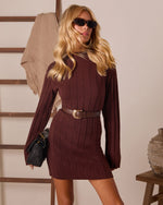 Burnt Glow Ribbed Knit Mock Neck Mini Dress