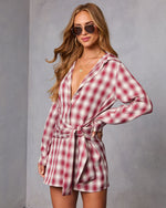 Red Plaid % Ashroot Plaid Wrap Tie Shirt Dress-3