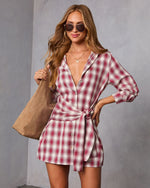 Red Plaid % Ashroot Plaid Wrap Tie Shirt Dress-2