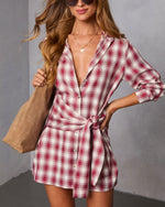 Red Plaid % Ashroot Plaid Wrap Tie Shirt Dress-5