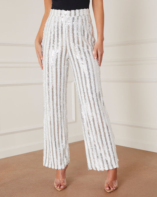 White % Kyrie Striped Sequin Pants-2