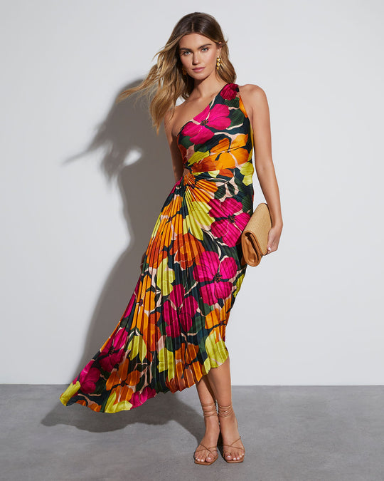 Fuchsia/Floral % Modern Day Glam Satin Pleated One Shoulder Cutout Asymmetrical Maxi Dress-1
