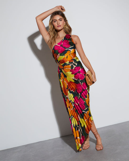 Fuchsia/Floral % Modern Day Glam Satin Pleated One Shoulder Cutout Asymmetrical Maxi Dress-2