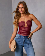 Wine % Jazlynn Mesh Strapless Ruched Cutout Bodysuit-5