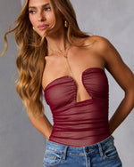 Wine % Jazlynn Mesh Strapless Ruched Cutout Bodysuit-6