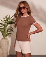 Brown Multi % Soft Living Contrast Trim Short Sleeve Top-3