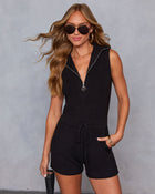 Black % Harbor Dates Knit Half Zip Pocketed Romper-1