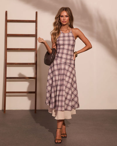 Afternoon Break Plaid Halter Neck Maxi Dress in Brown