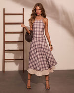 Afternoon Break Plaid Halter Neck Midi Dress