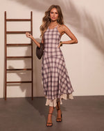 Afternoon Break Plaid Halter Neck Midi Dress