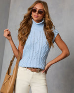 Powder Blue % Estellie Cable Knit Sleeveless Turtleneck Sweater-5