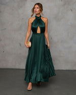 Hunter Green % Mariena Halter Neck Plisse Maxi Dress-1