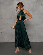Hunter Green % Mariena Halter Neck Plisse Maxi Dress-3