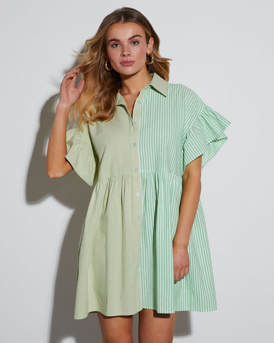 Green % Shirley Ruffle Short Sleeve Mini Dress-1