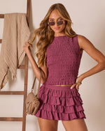 Wine % Saddle Check Tiered Mini Skirt-5