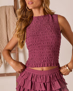 Wine % Saddle Check Smocked Tank-1