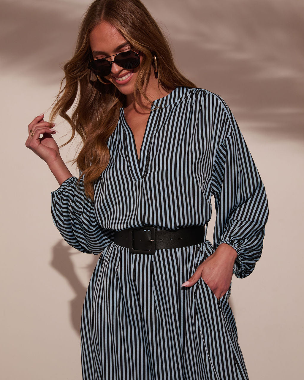 Dimarco Striped Pocketed Belted Midi Dress in Black/Taupe - Size Medium, VICI Dimarco Striped Pocketed Belted Midi Dress in Black/Taupe - Size Medium, VICI