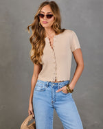 Khaki % Travie Partial Button Down Top-6