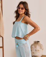 Sunlit Palm Eyelet Trim Top