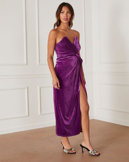 Purple % Alyssa Velvet Strapless Midi Dress-5