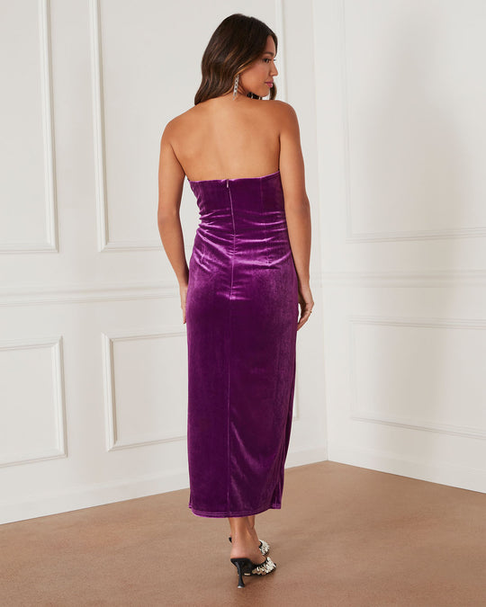 Purple % Alyssa Velvet Strapless Midi Dress-6