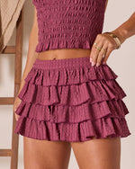 Wine % Saddle Check Tiered Mini Skirt-3