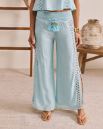 Sunlit Palm Drawstring Relaxed Eyelet Trim Pants