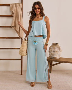 Sunlit Palm Drawstring Relaxed Eyelet Trim Pants