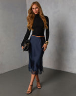 Dark Navy % Oleandra Satin Lace Trim Midi Skirt-1
