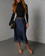 Dark Navy % Oleandra Satin Lace Trim Midi Skirt-5