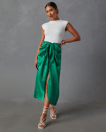 Kelly Green % Imogen Satin Printed Tie Front Midi Skirt-1