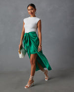 Kelly Green % Imogen Satin Printed Tie Front Midi Skirt-3