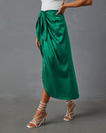 Kelly Green % Imogen Satin Printed Tie Front Midi Skirt-5