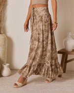 Brown Floral % Moonlit Bloom Lace Up Maxi Skirt-3