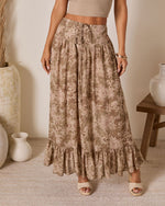 Brown Floral % Moonlit Bloom Lace Up Maxi Skirt-2