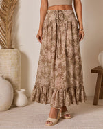Brown Floral % Moonlit Bloom Lace Up Maxi Skirt-5