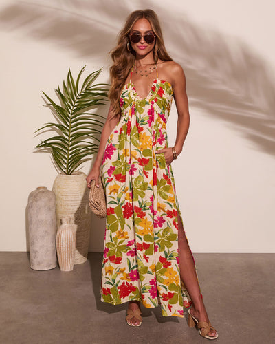 tropical print halter dress 100% Cotton Green Tropical Print Maxi Dress - All Dresses