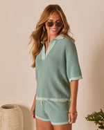 Aquamarine % Cloud Nine Contrast Trim Knit Polo Top-3