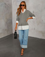 Grey/White % Xira Poplin Contrast Pullover Sweater-2