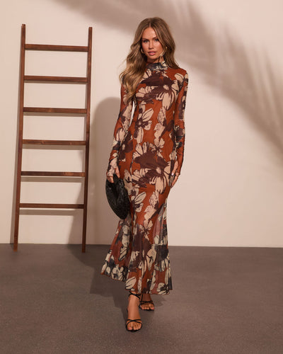 mock neck maxi dress Bloom Theory Floral Mesh Brown Floral / S on styling Unlined 72% SIZ:44 Baby Girl 1 Year Birthday Outfit Velvet Long Sleeve Beaded