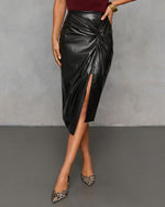 Black % Like Wow Faux Leather Twisted Midi Skirt-5