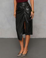 Black % Like Wow Faux Leather Twisted Midi Skirt-3