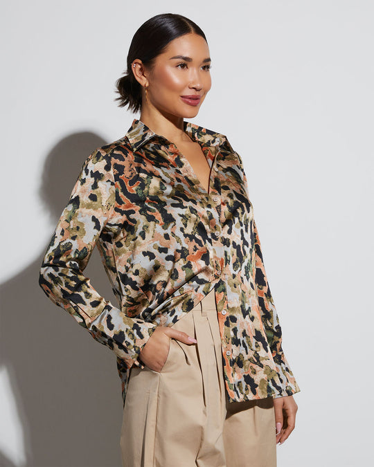 Olive/Multi % Gianna Satin Printed Button Down Top-2