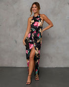 Black Multi % Jaelyn Halter Neck Satin Maxi Dress-5