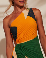 Multi % Modern Day Glam Satin Pleated One Shoulder Cutout Asymmetrical Maxi Dress-2