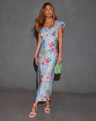 Blue Floral % Bianca Flutter Sleeve Lace Trim Maxi Dress-1