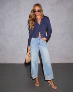 Navy % Hazeen Ribbed Front Button Top-2